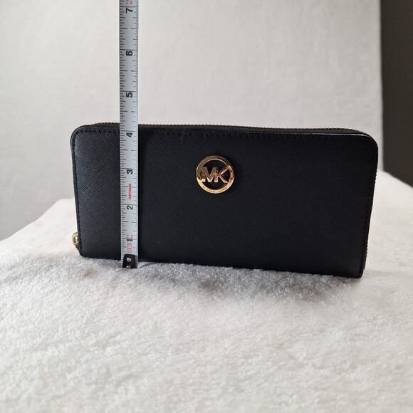 MICHAEL KORS Long Wallet MK Metal Logo Round Zip Black Plain Women's 4"x7" - Picture 8 of 10